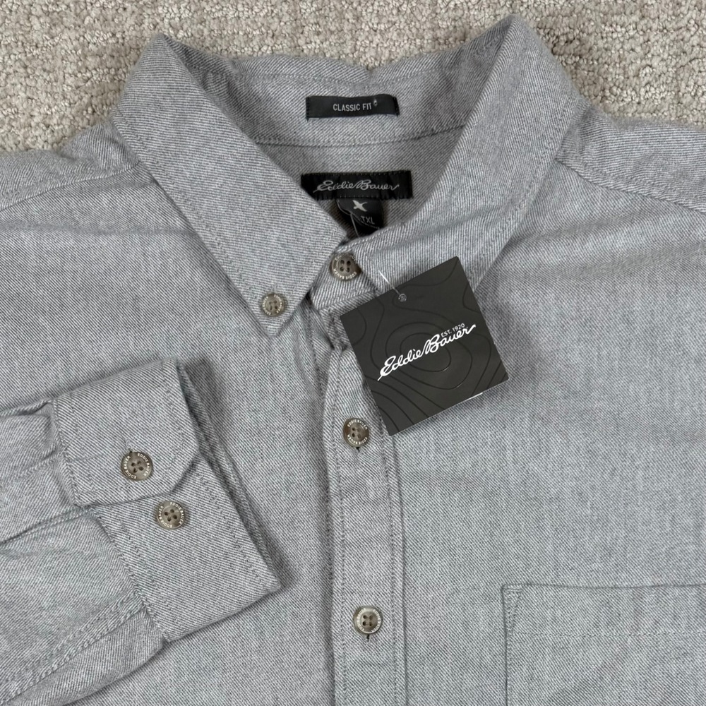 NEW Eddie Bauer Mens XLT Gray Classic Fit Cotton Twill Flannel Button Down Shirt